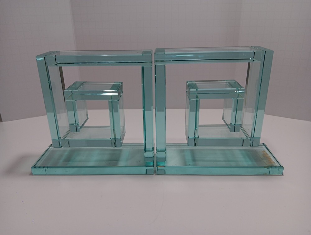 Nieman Marcus Clear Glass Bookends Modern Cubist Square