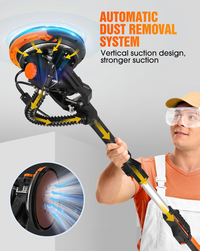 Electric Drywall Sander with Vacuum, LED Light, Variable Speed & Foldable Handle