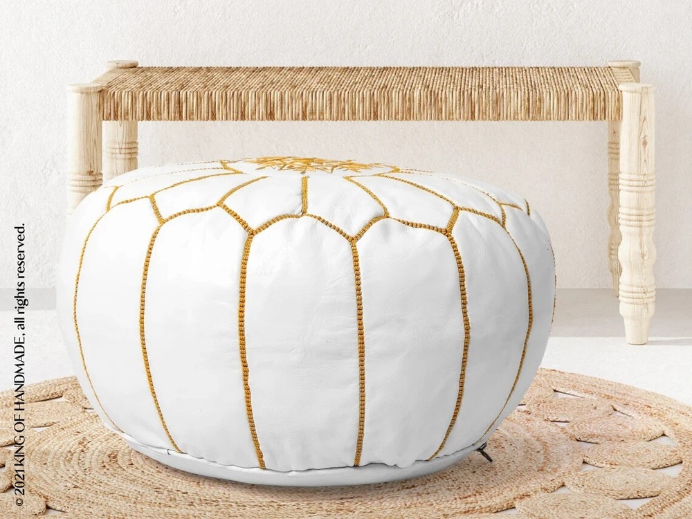 Moroccan Handmade Genuine Leather Boho Pouf Ottoman Footstool Pouffe White