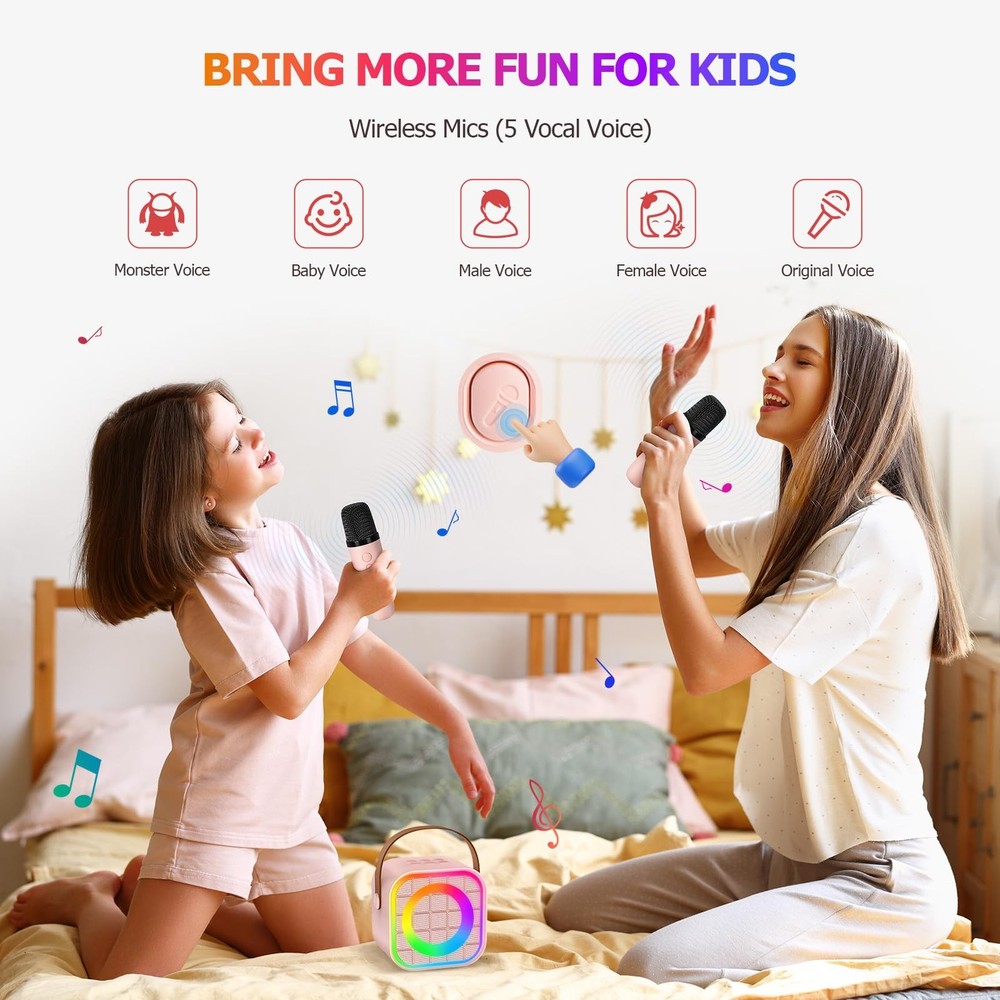 Mini Karaoke Machine with 2 Wireless Microphone, Portable Pink Bluetooth Spea...