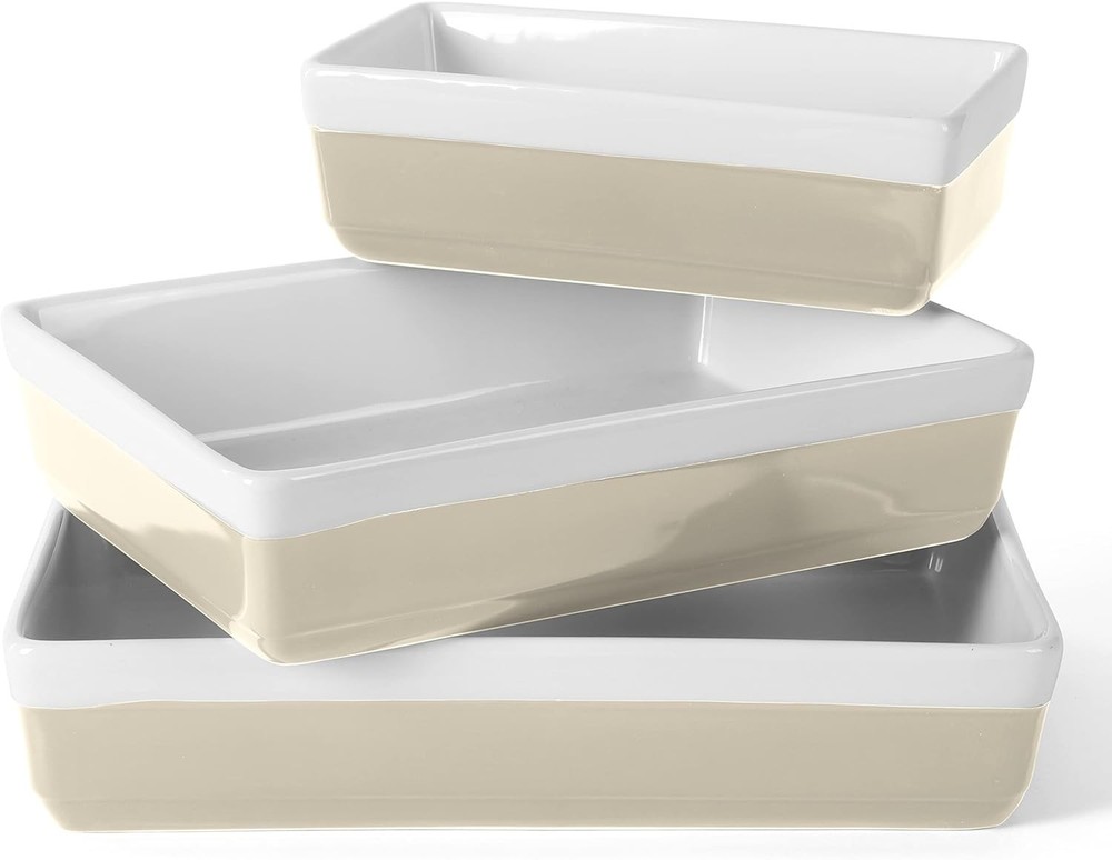 Charming 3-Piece Stoneware Casserole Set – Smooth Glazed Interior, Stackable