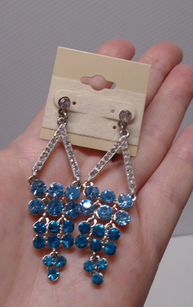 BLUE CRYSTAL CHANDELIER DANGLE SILVERTONE EARRINGS 2.75" Long