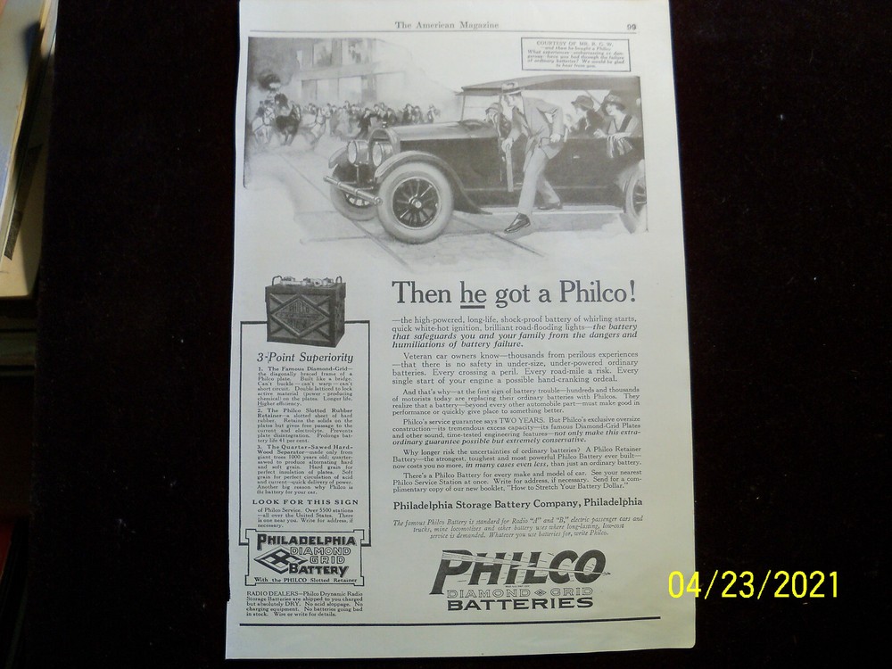 1923 Philco Diamond Grid Battery magazine ad