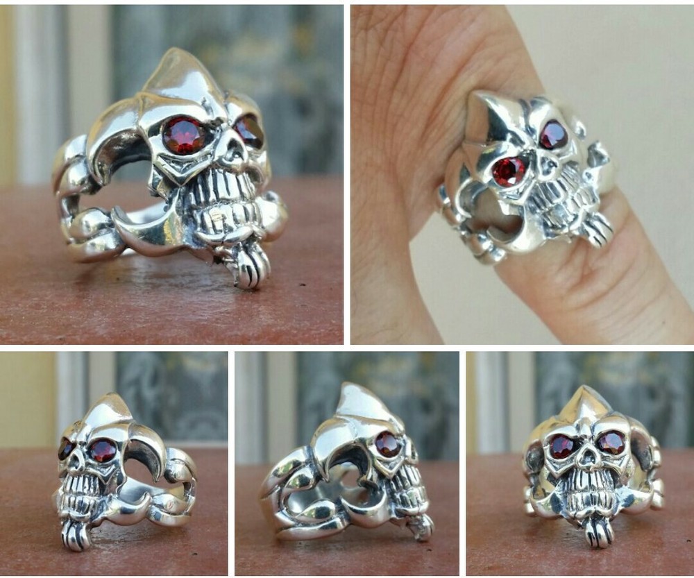 925 MENS SILVER RING motorcycle skull harley garnets ruby color