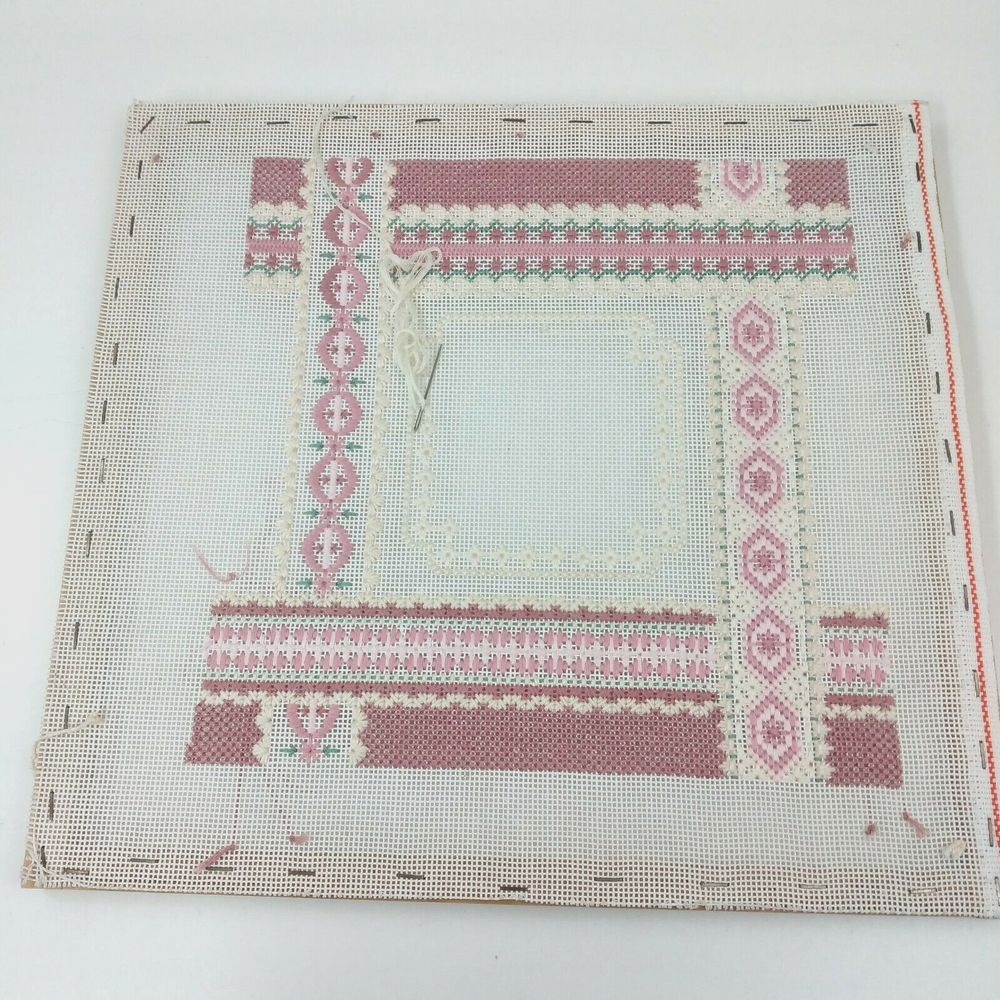 2 Needlepoint Flowers Pink w. Stretching Frame Unfinished