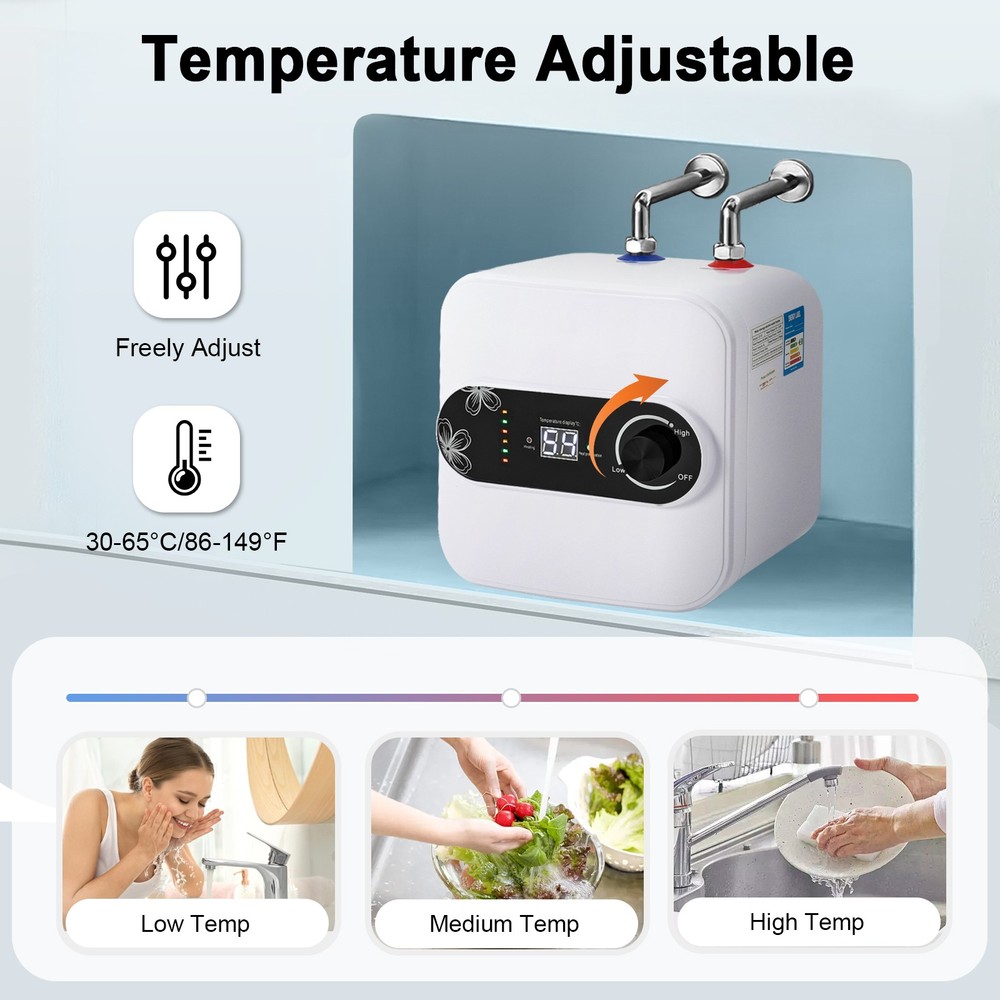 8L Electric Mini Tank Hot Water Heater for RV Trailer Kitchen Under Sink Counter
