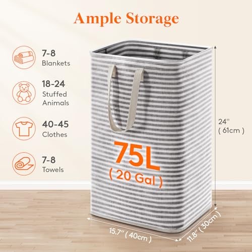 Large Collapsible Laundry Hamper, Tall Foldable Dirty Clothes 75L Black