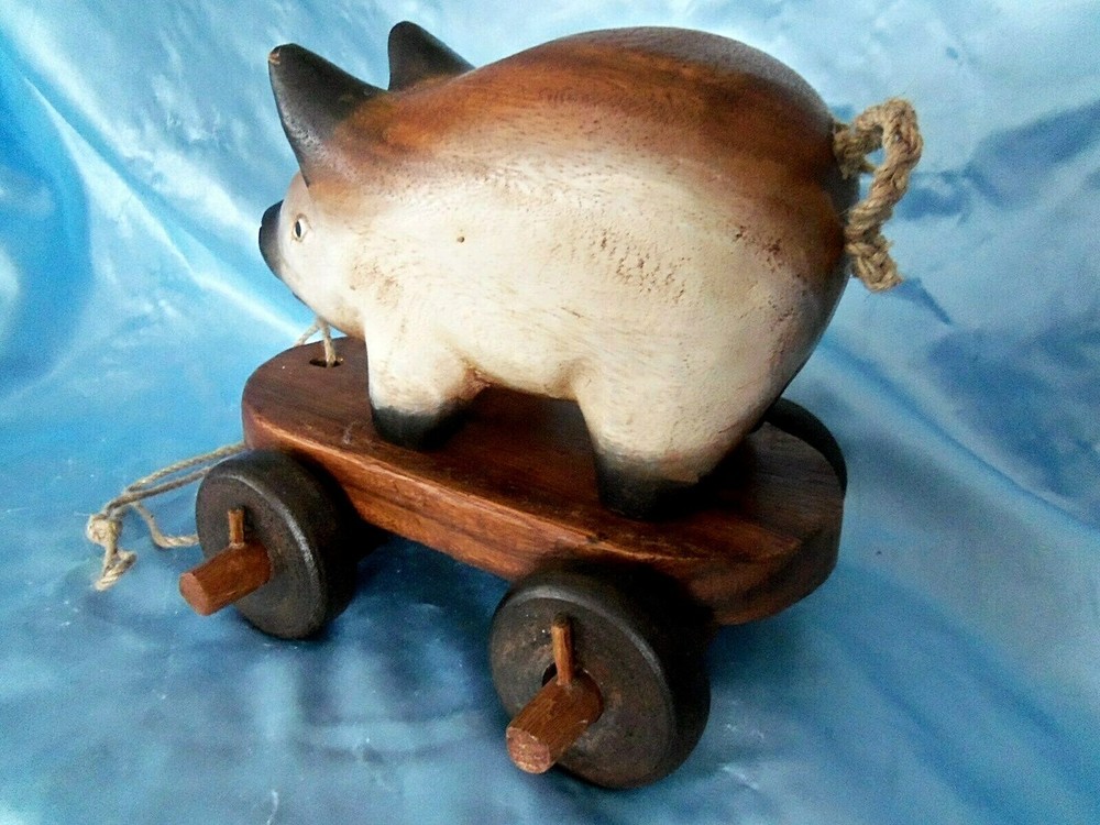 Vintage Antique pull rolling handmade Wood Pig Pull toy