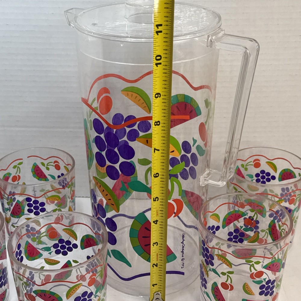 Leahy Designs Pitcher & 6 Cups Set With Fruit Pattern 1992