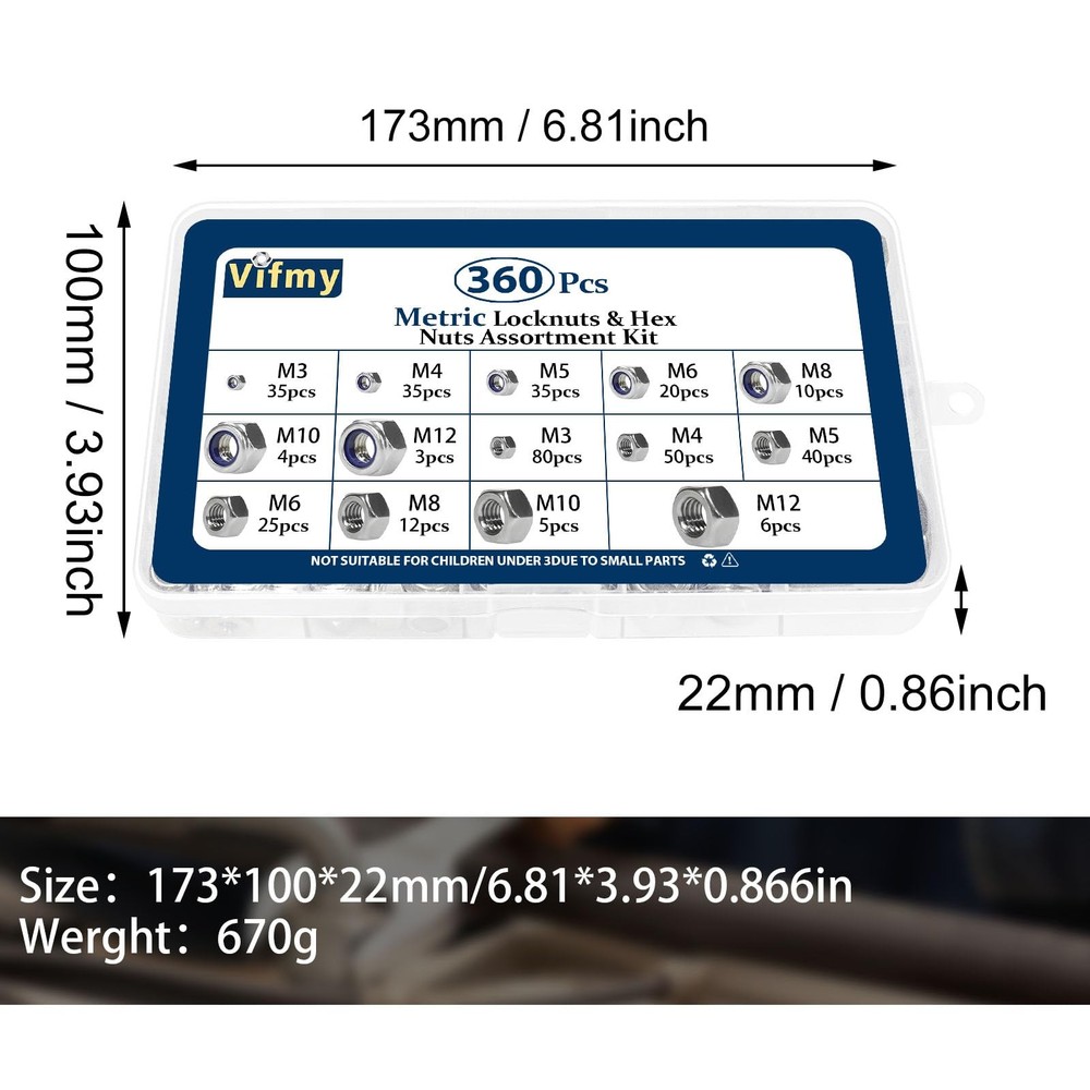 Vifmy Metric Hex Nuts&Locknuts Nuts and Locknuts,360 Pcs, Silver