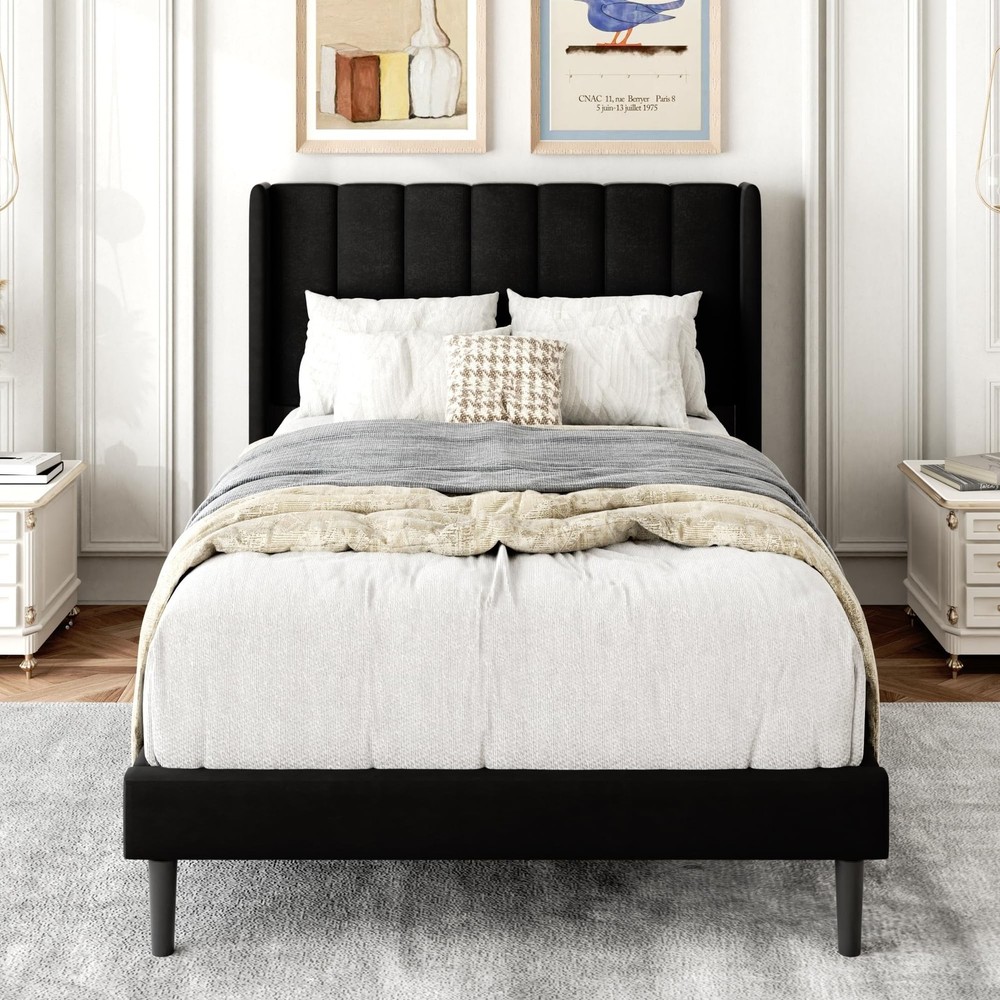 Twin Size Bed Frame with Upholstered Wingback Headboard, Easy Assemnly Platfo...