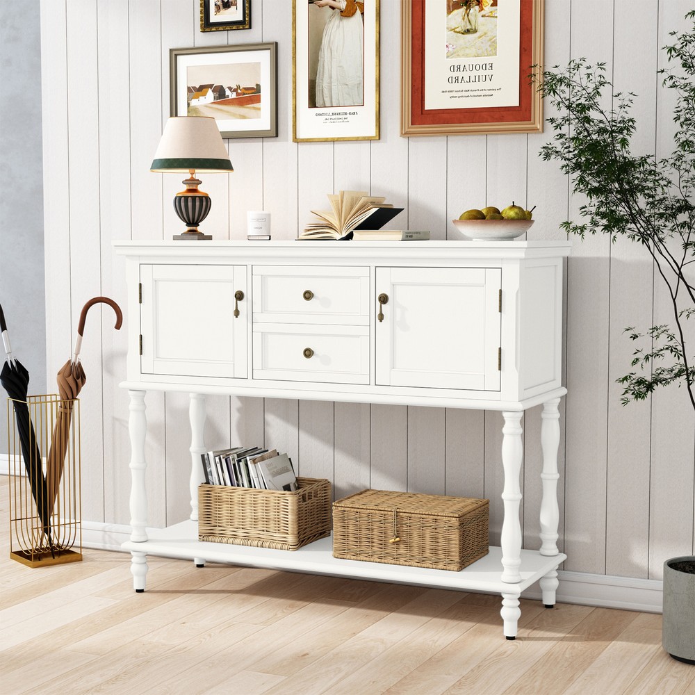 Console Table with 2 Drawers & Storage Shelves Wood Entryway Sofa Table White