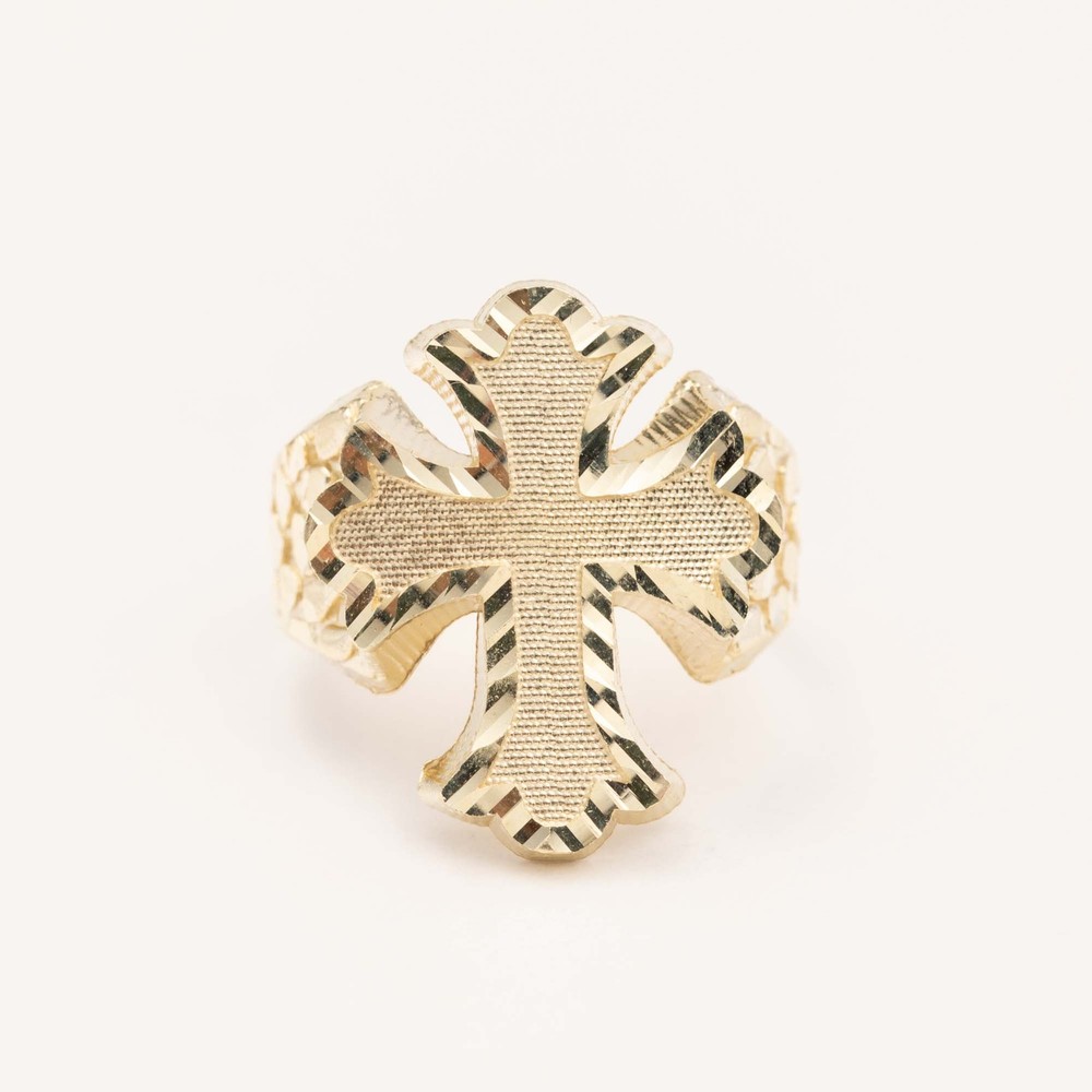 10K Gold Nugget Design Cross Ring Solid Yellow Gold All Sizes