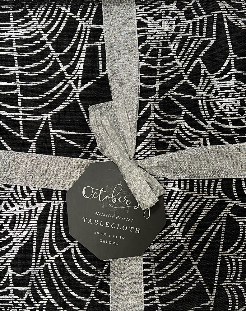 October Sky Halloween Metallic Silver Spiderweb Cloth Tablecloth 60” X 84”