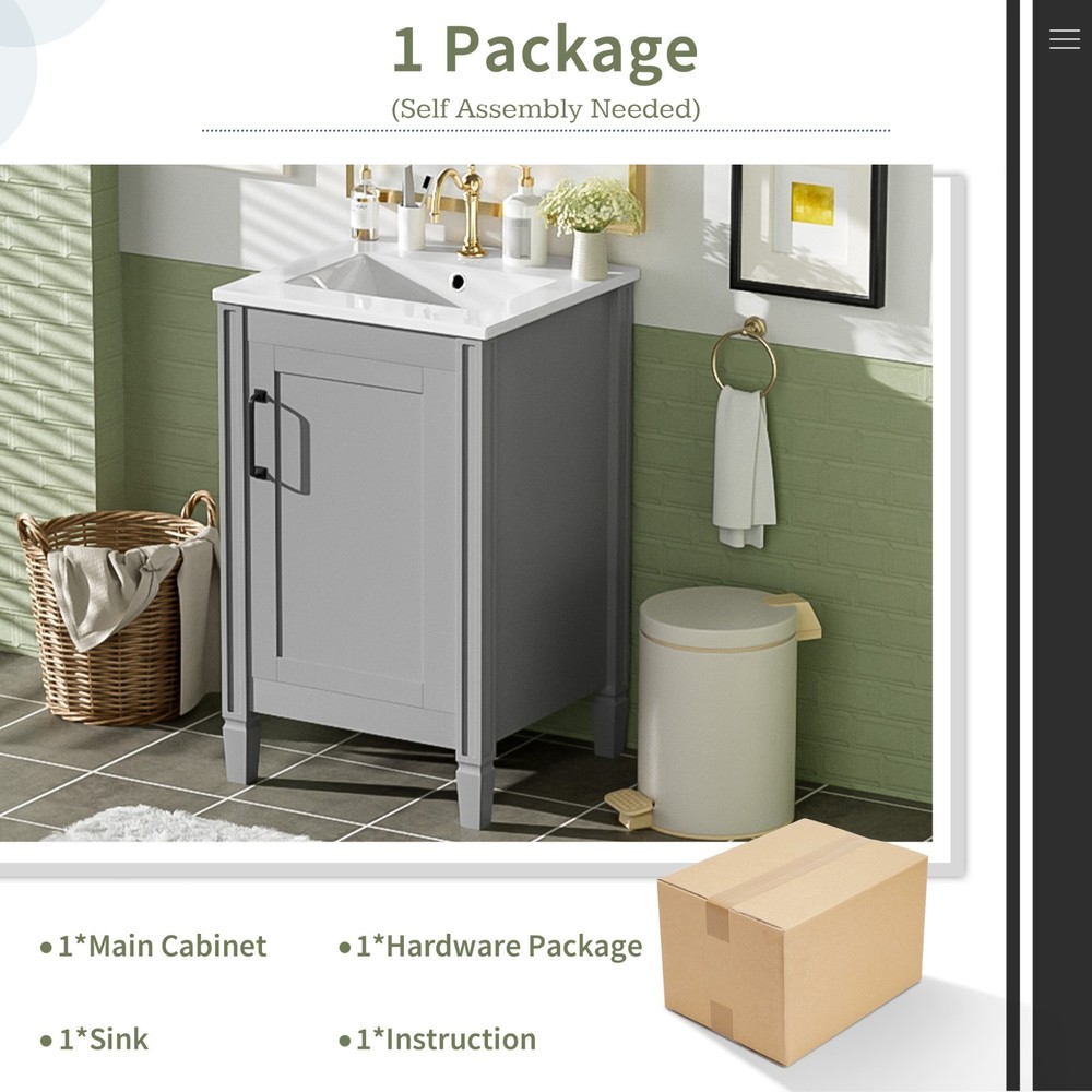 20" White Bathroom Vanity: Ceramic Sink, Soft-Close Door, Adjustable U-Shelf,