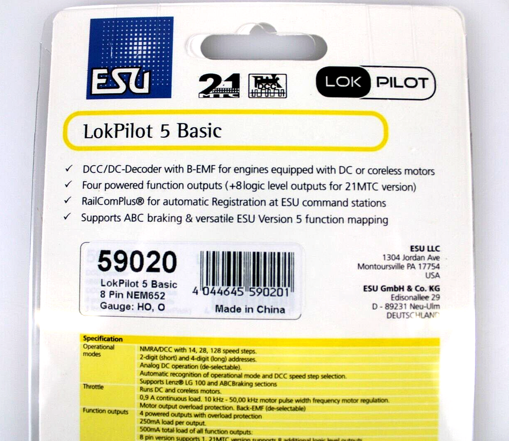 ESU 59020 LokPilot 5 Basic DCC Decoder 8 Pin Connector and Harness HO Scale