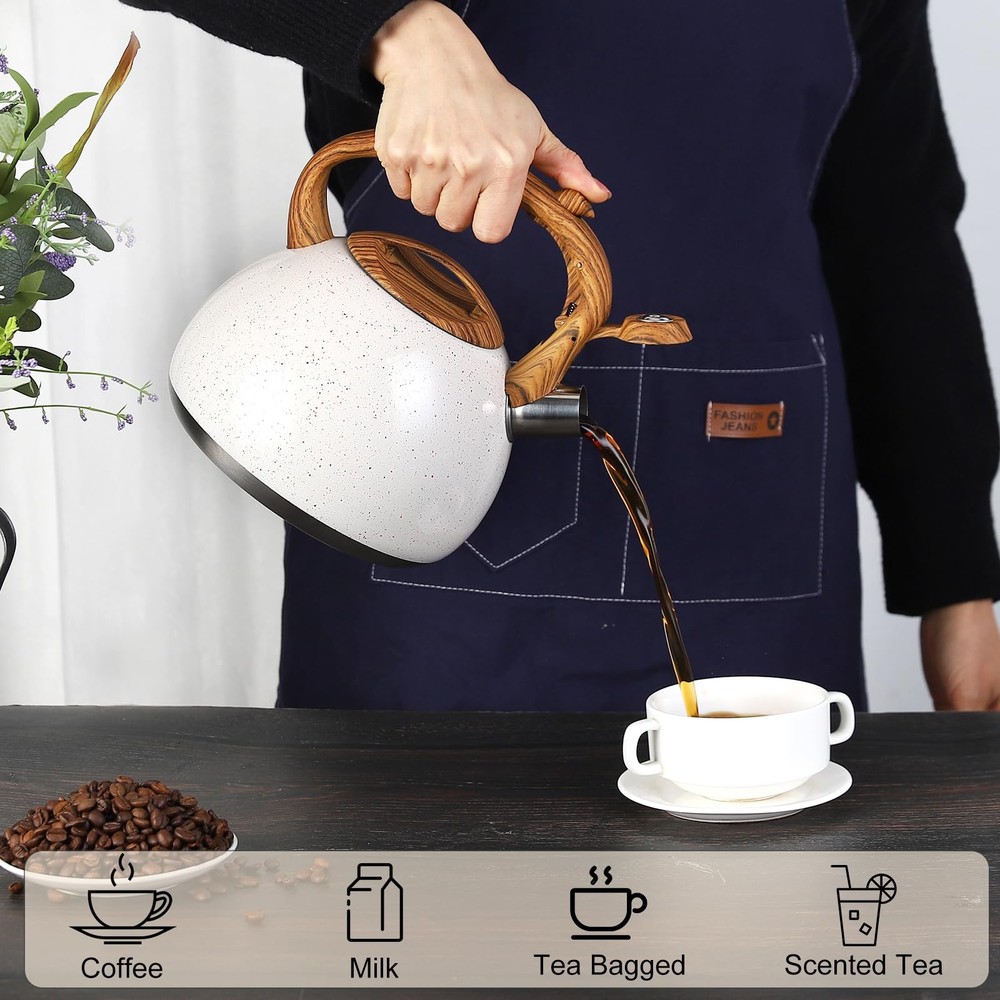 Whistling Tea Kettle 3 Liter with Wood Pattern Folding Handle B-White
