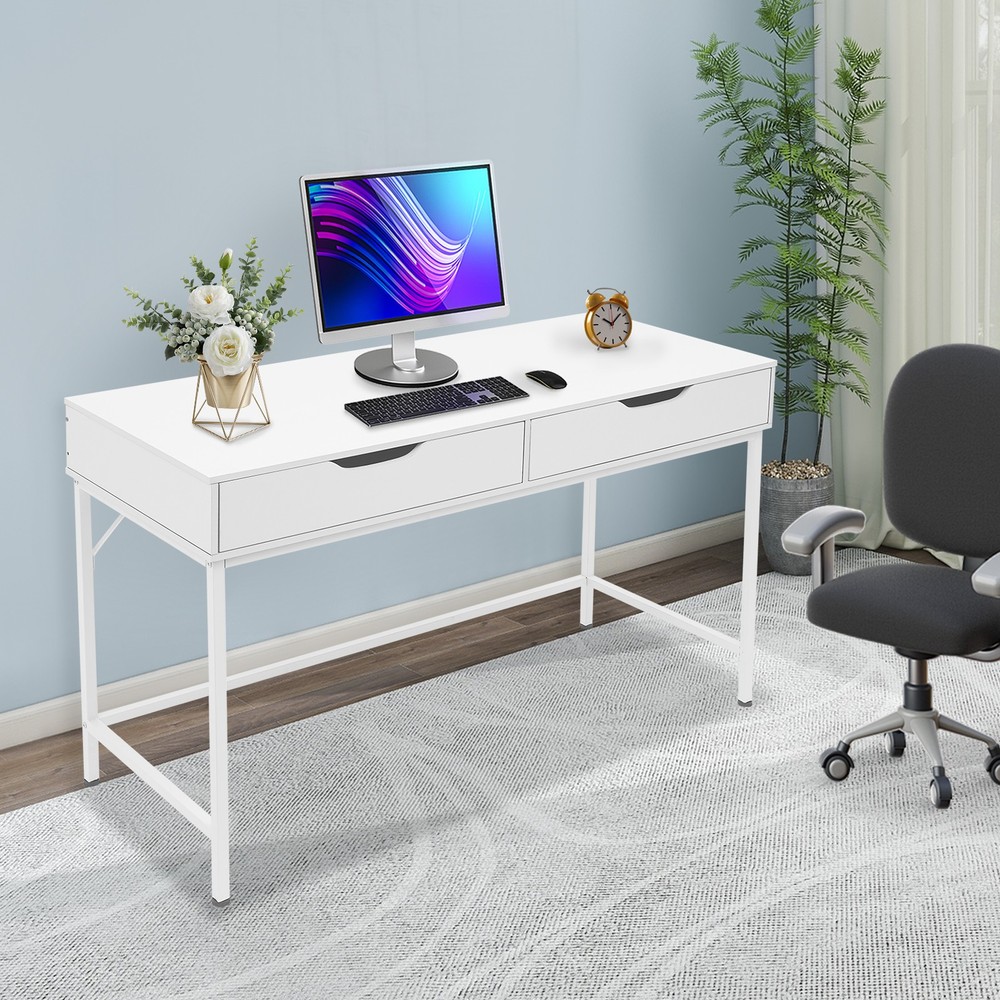 Office Computer Desk Metal Frame Modern Study Writing Table w/ 2 Drawers White