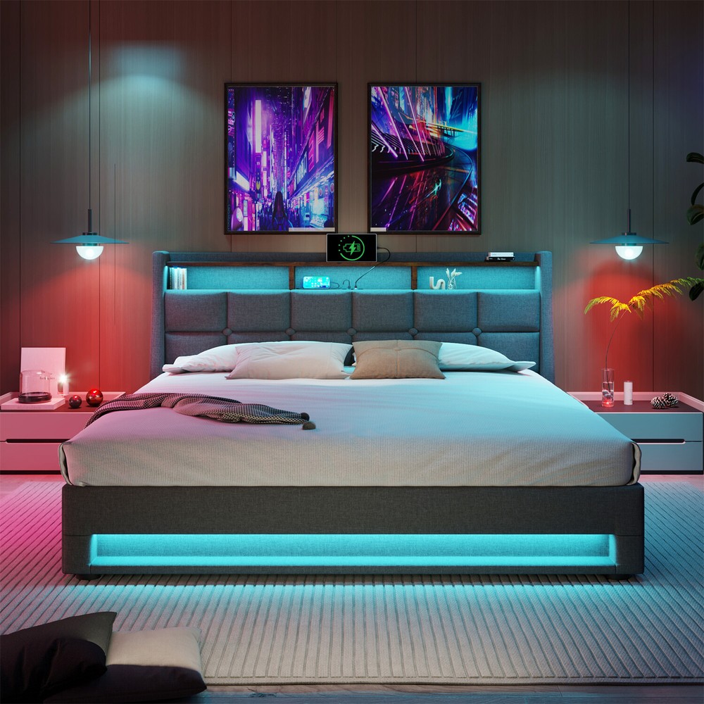 Queen Size LED Bed Frame Upholstered Platform Bed w/ Hydraulic Storage System