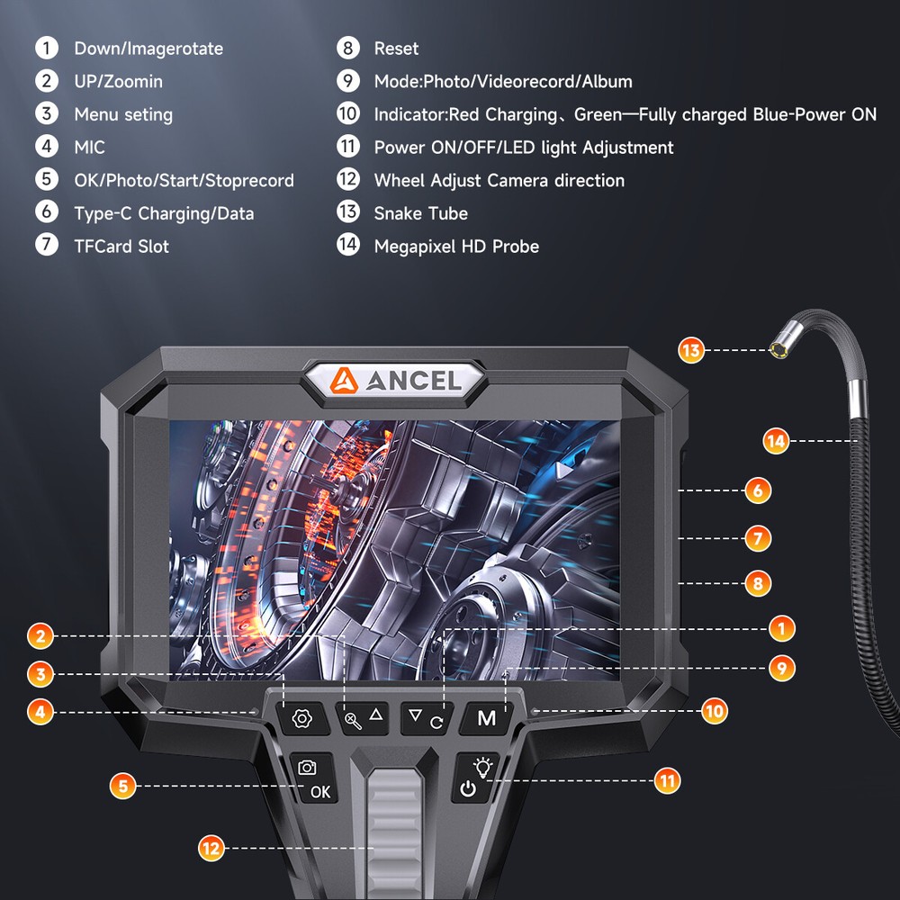 ANCEL AN301 5FT Snake Borescope Camera 210 Articulating Endoscope 4 3 IPS Screen