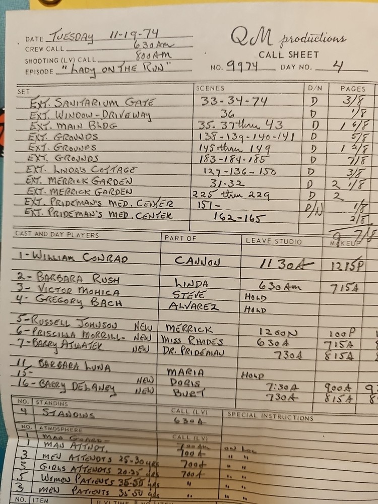 CANNON Script Final Draft 1974 Written By Gerald Sanford W/Call Sheet