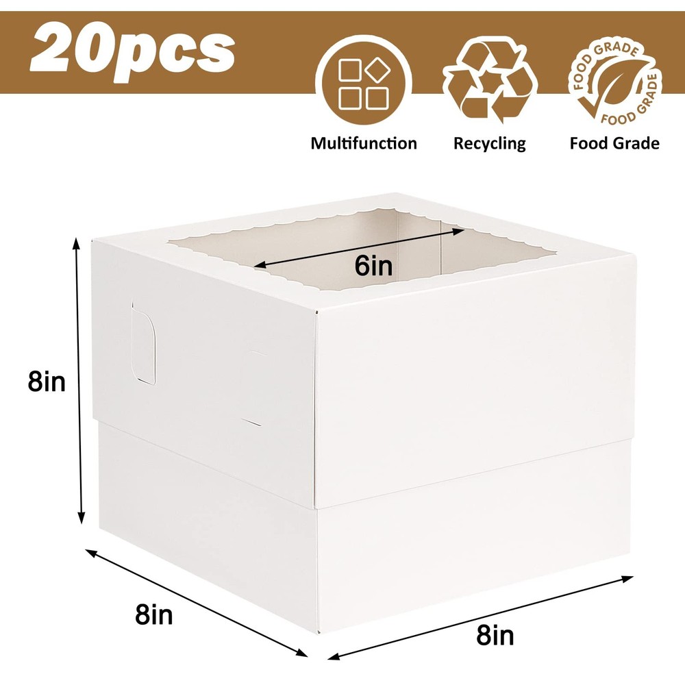 20pcs 8x8x8 Inches Cake Boxes with Window White Bakery Dessert Boxes Square C...