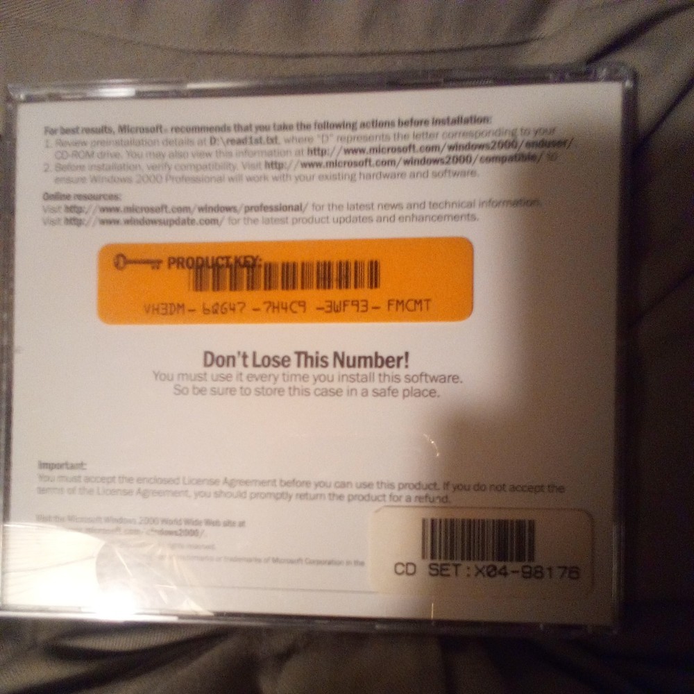 MICROSOFT WINDOWS 2000 PROFESSIONAL CD Unsealed w/ Product Key