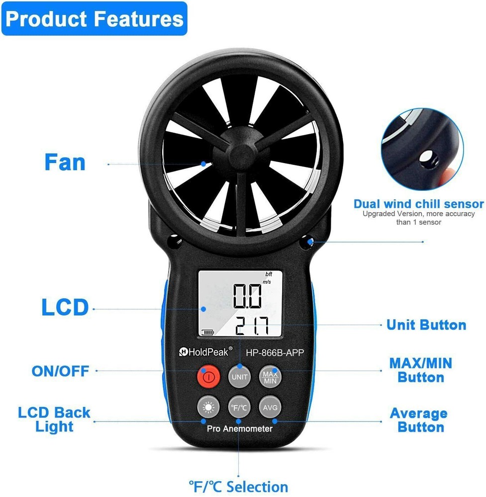 Digital Anemometer Wind Speed Meter Gauge with Bluetooth, Temperature, Backlight