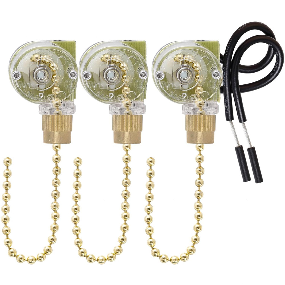 3 Pack Two-Wire Ceiling Fan Light Switch Pull Chain Control (Brass)