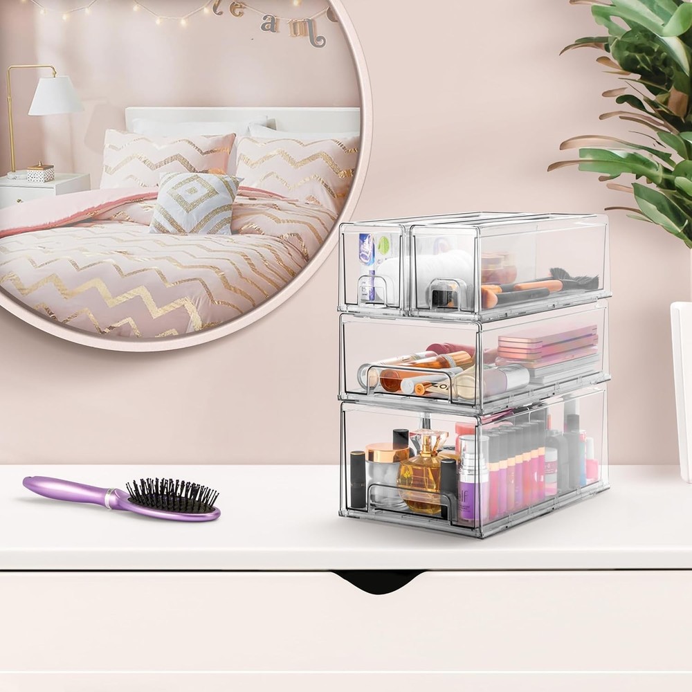 Medium Clear – 2-Pack Plastic Organizer Bins with Handles – Stackable Pull-Ou...