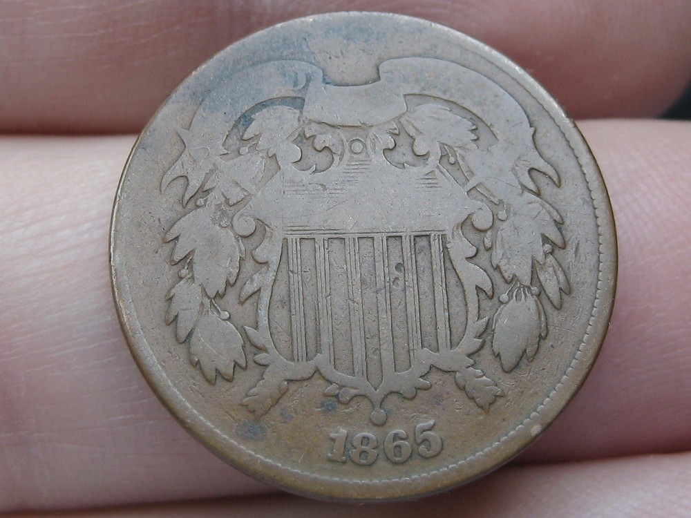 1865 Two 2 Cent Piece- Plain 5, Chocolate Brown, Good Details