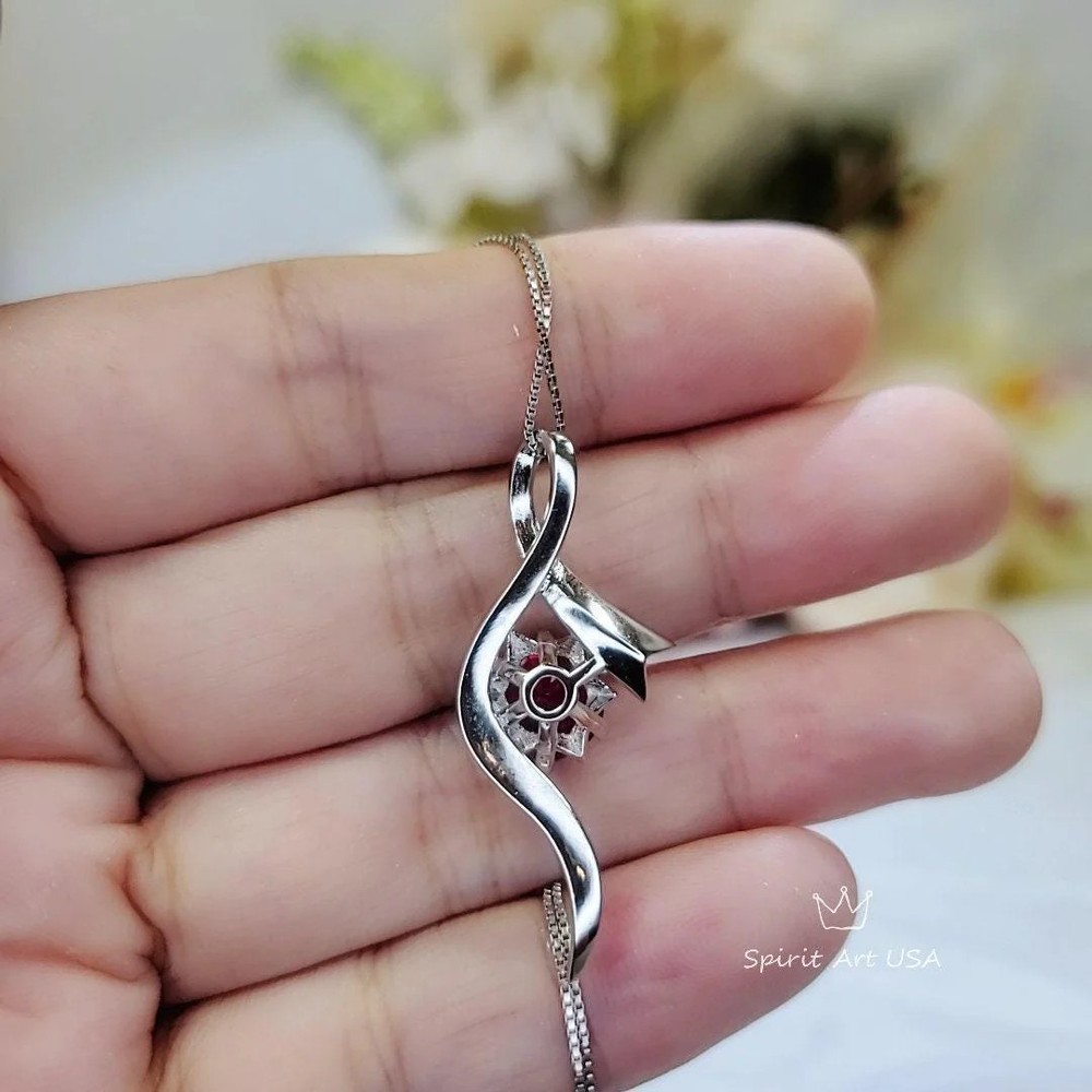 Sterling Silver Bow Ruby Necklace White Gold coated Swirl Infinity S 2 CT Red