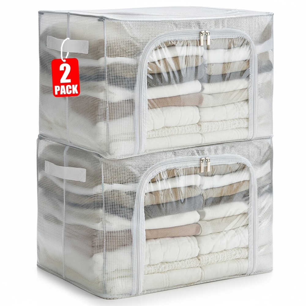 Clear Stackable Clothes Storage Bins with Metal Frame, Foldable Storage with ...