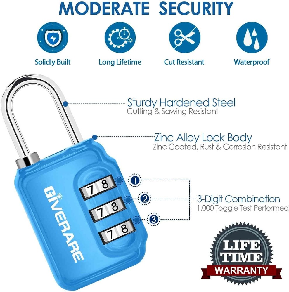 GIVERARE 2 Pack Combination Lock, 3-Digit Padlock Keyless, Small, Blue+Red