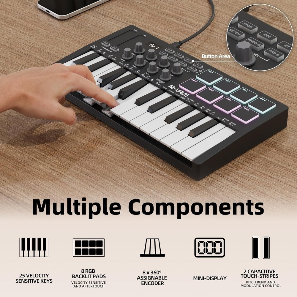 Portable 25-Key MIDI Controller | BT, RGB Pads, Smart Scale | PC, iOS & Android
