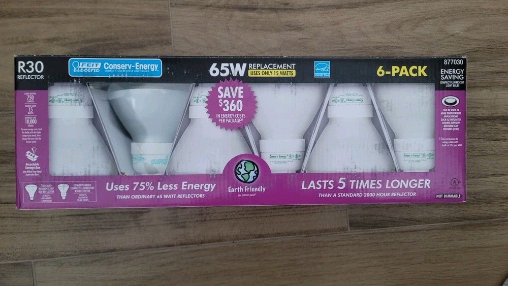 FEIT 6 PACK R30 REFLECT0R 65W REPLACEMENT USE ONLY 15W . NEW IN BOX.