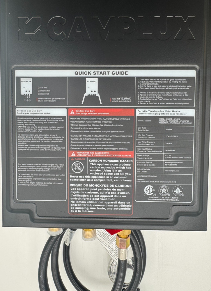 Camplux AY132 White Classic Tankless Instant Portable Propane Water Heater