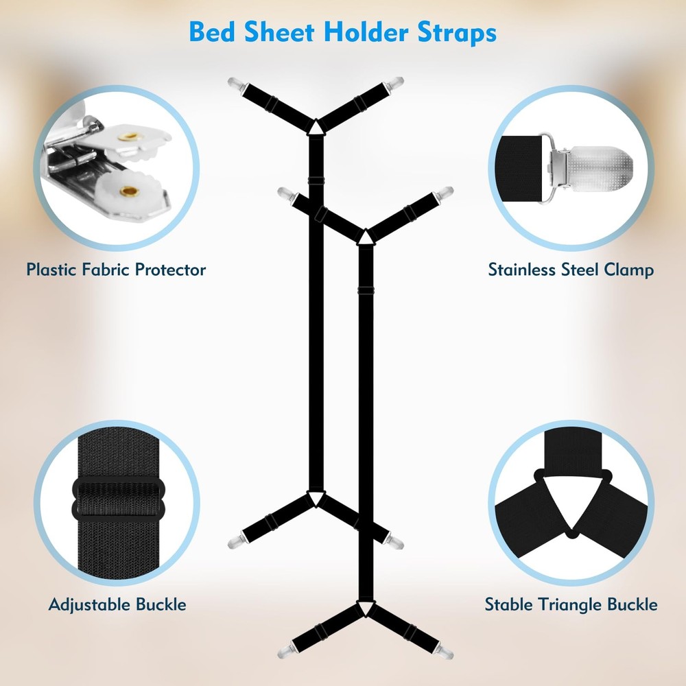 Xunesip Bed Sheet Straps, 2Pcs Elastic Adjustable Holder 2, Black