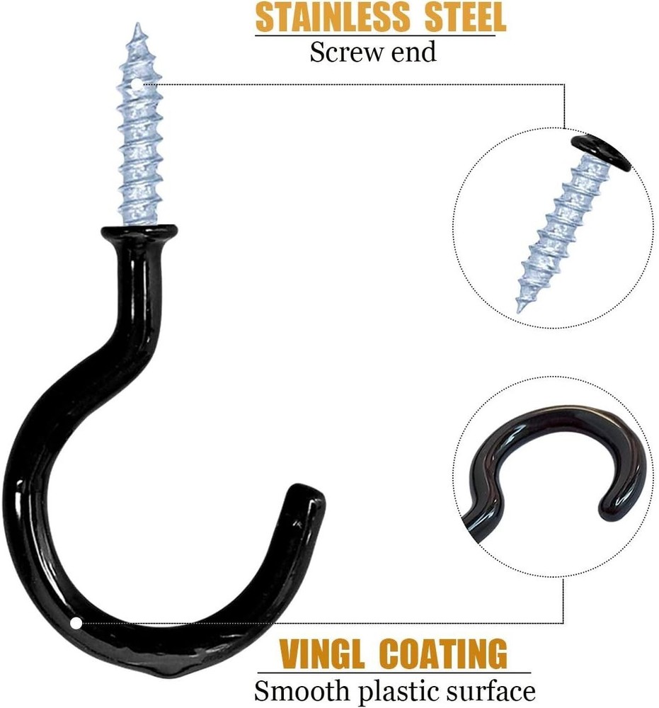Multi-Functional Screw-In Ceiling and Wall Hooks - 12 Black Vinyl Coated Hooks