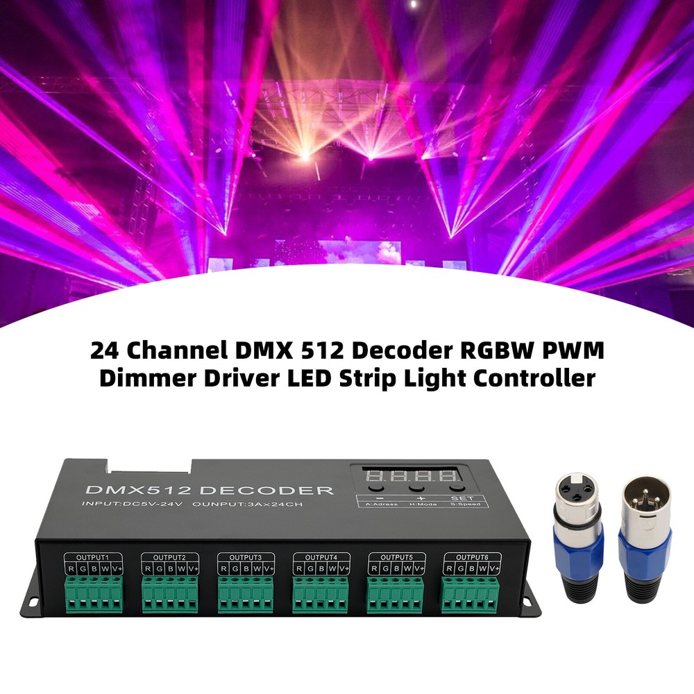 24 Channel DMX 512 Decoder RGBW PWM Dimmer Driver LED Strip Light Controller US