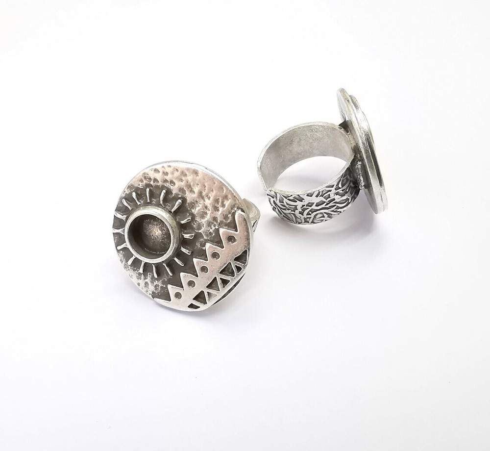 Sun Motif Ring Blank Setting, Cabochon Mounting, Adjustable Resin Base, Inlay