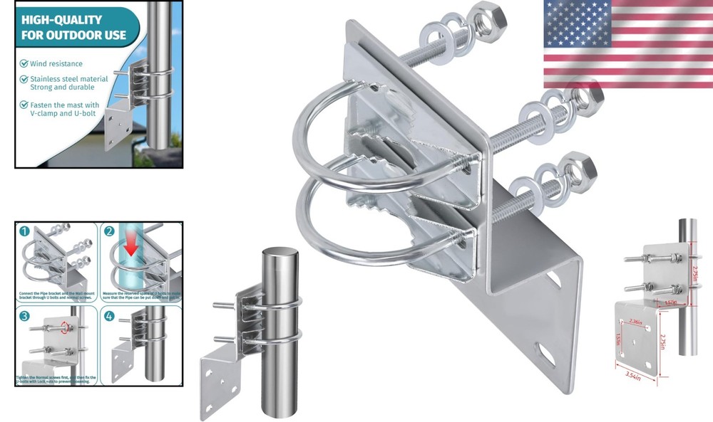 Durable 2-Pc Antenna Pole Mount Bracket with Double U Bolt Clamp, Silver Finish