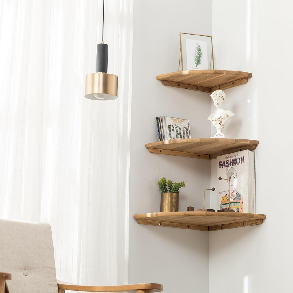 Corner Shelf, 7Inch Solid Oak Wood Floating Corner Shelf Wall Mount round End Fl