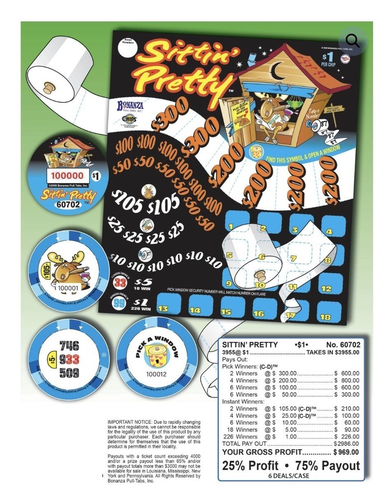 Pull Tab Tickets - Chips - Game - Pickboard - Sittin Pretty - 3,955 ct