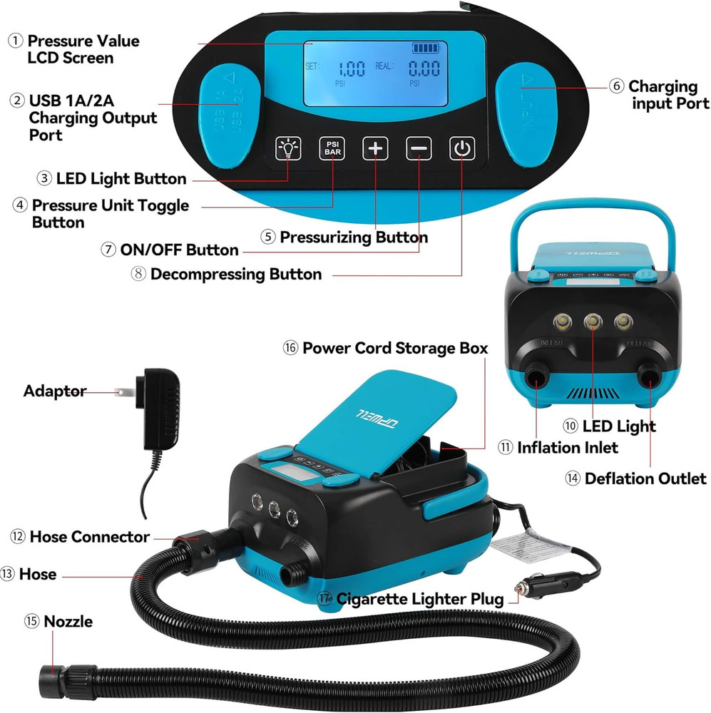 16PSI Rechargeable Paddle Board Pump with Auto-Off & Deflation Function