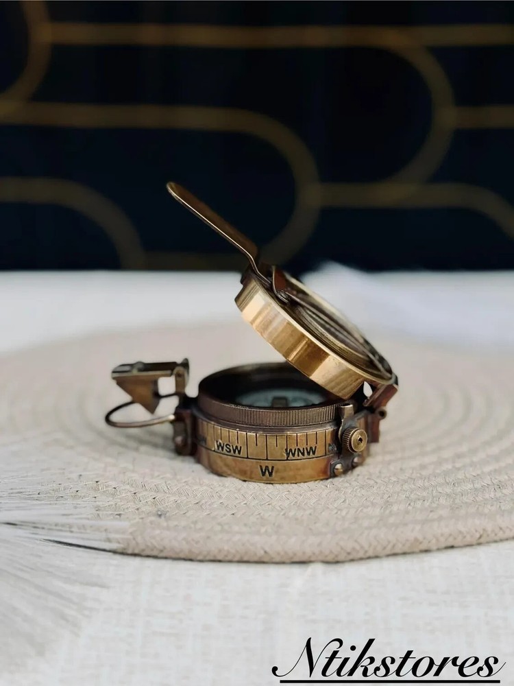 Vintage Solid Brass WWII Military Pocket Compass with Leather Case