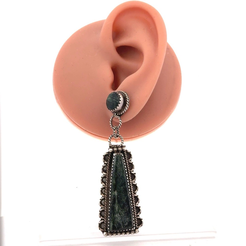 Native American 925 Sterling Silver Long Seraphinite Dangle Statement Earrings