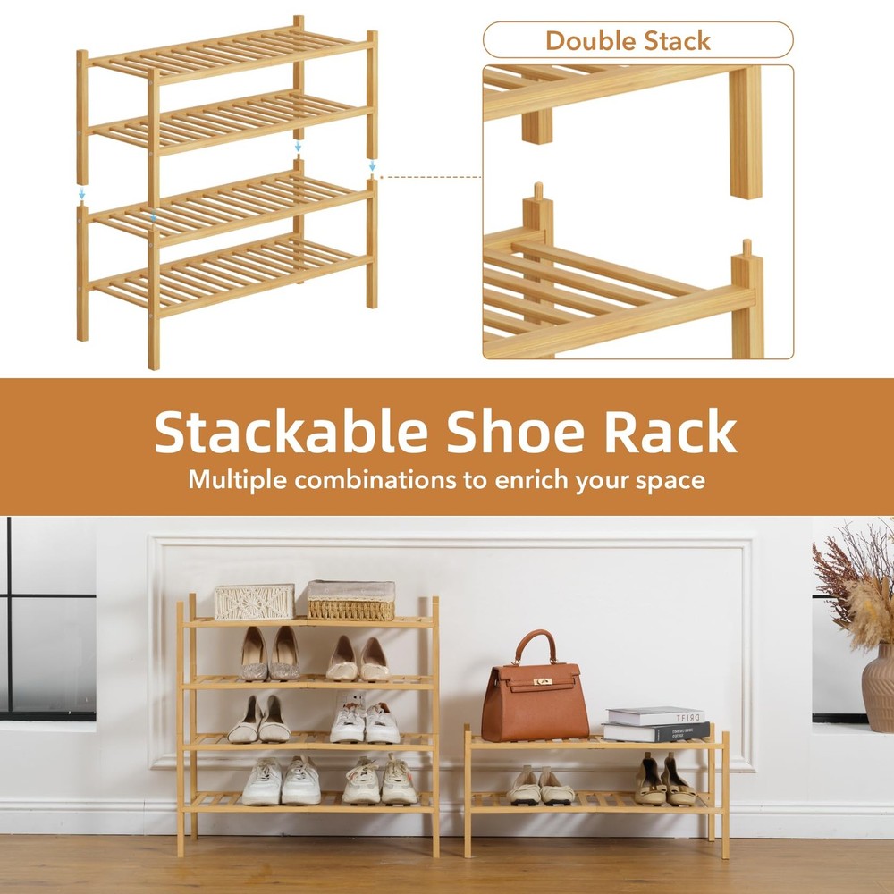 2 Tier Bamboo Shoe Rack Storage Organizer for Closet, Multifunctional Stackab...