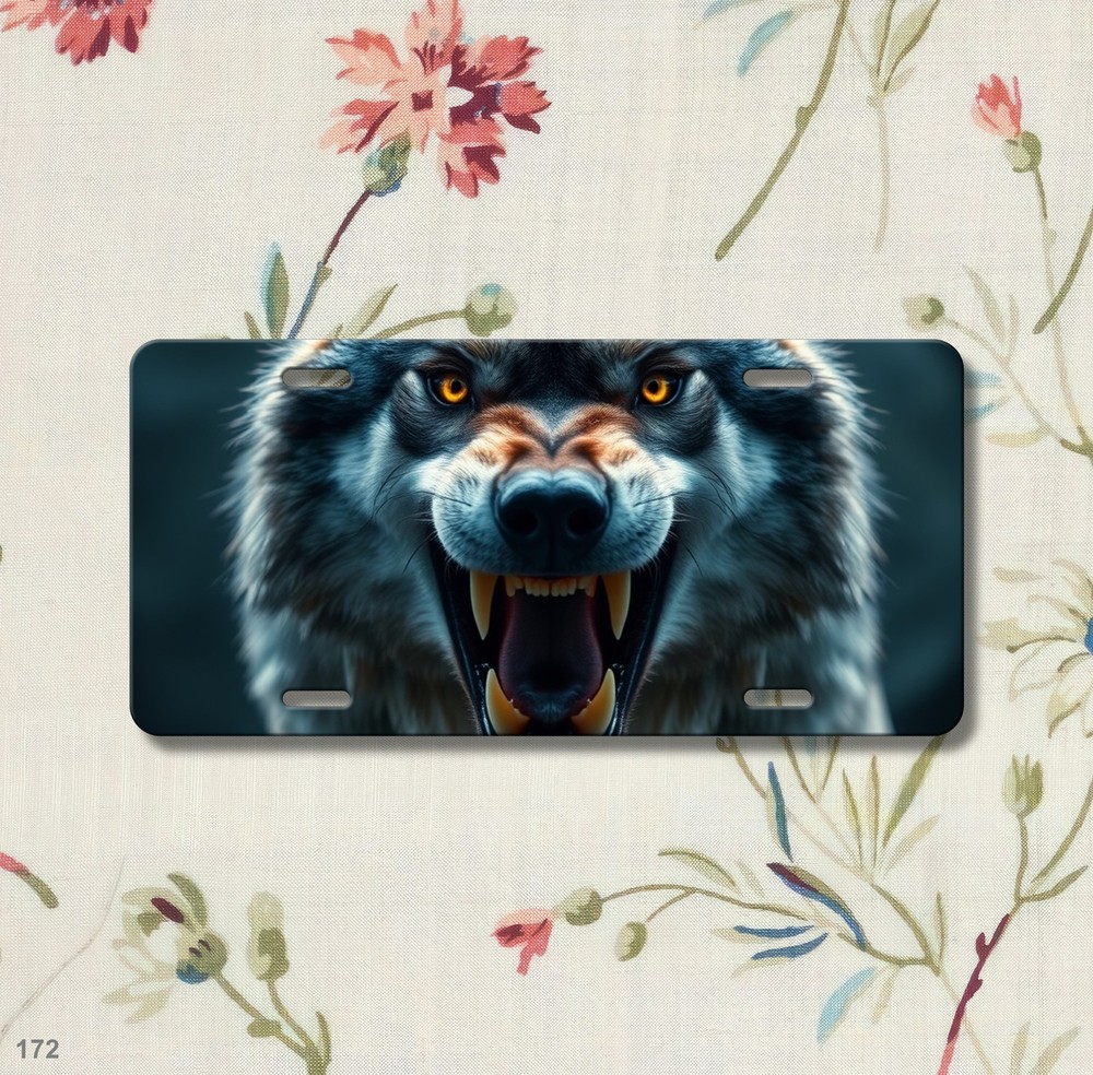Aggressive Wolf License Plate Fierce Expression Optional Text Front Plate Unique