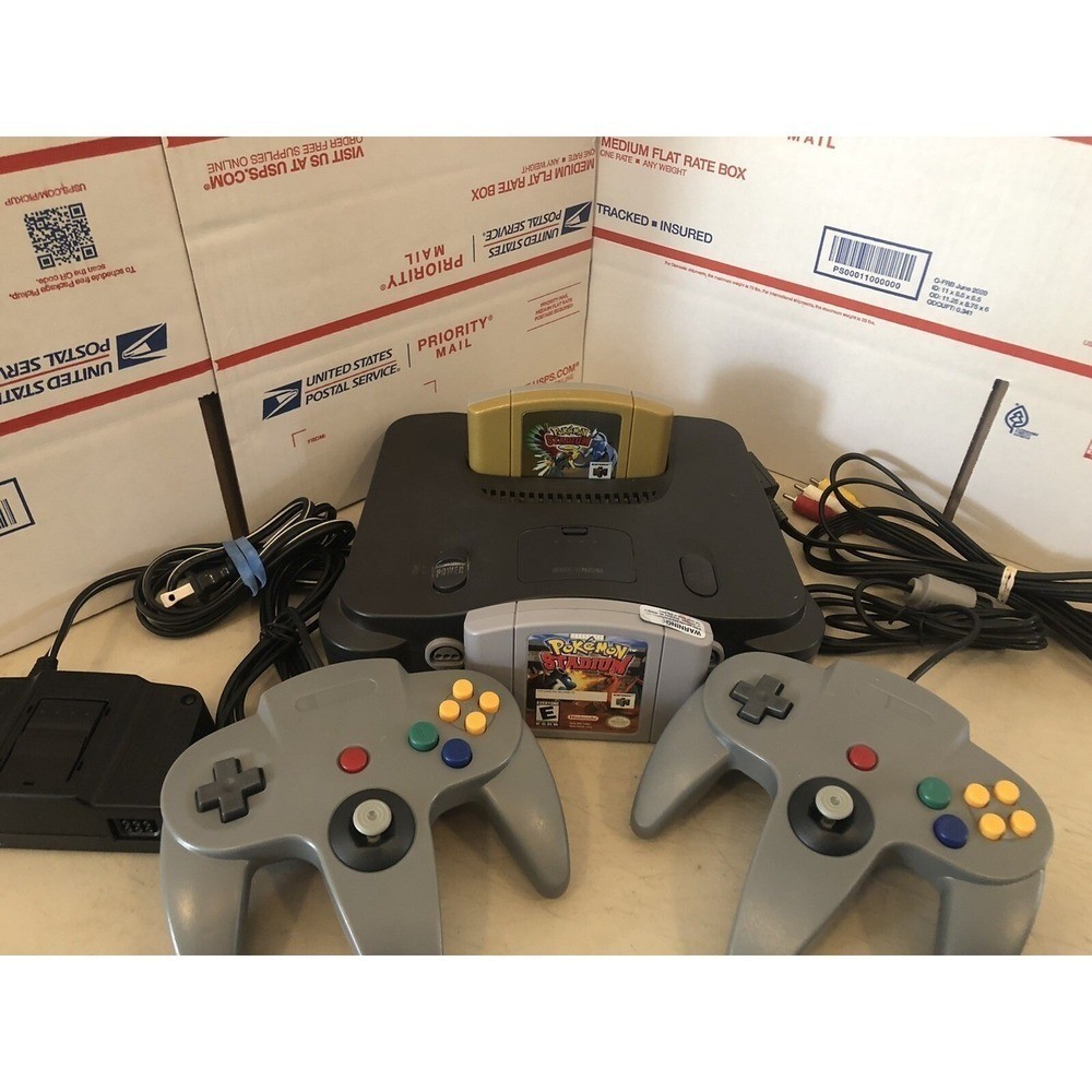 Nintendo 64 N64 Bundle + Cables +2 Controllers + Pokemon Stadium 1 & 2 tested